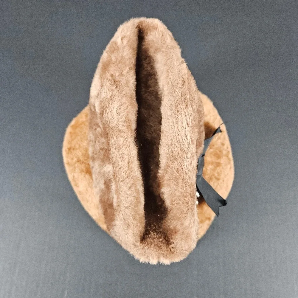 Vintage Lee Bury Dallas Musketeer Faux Fur Pillbox Hat Brown Studded Bow Size 22